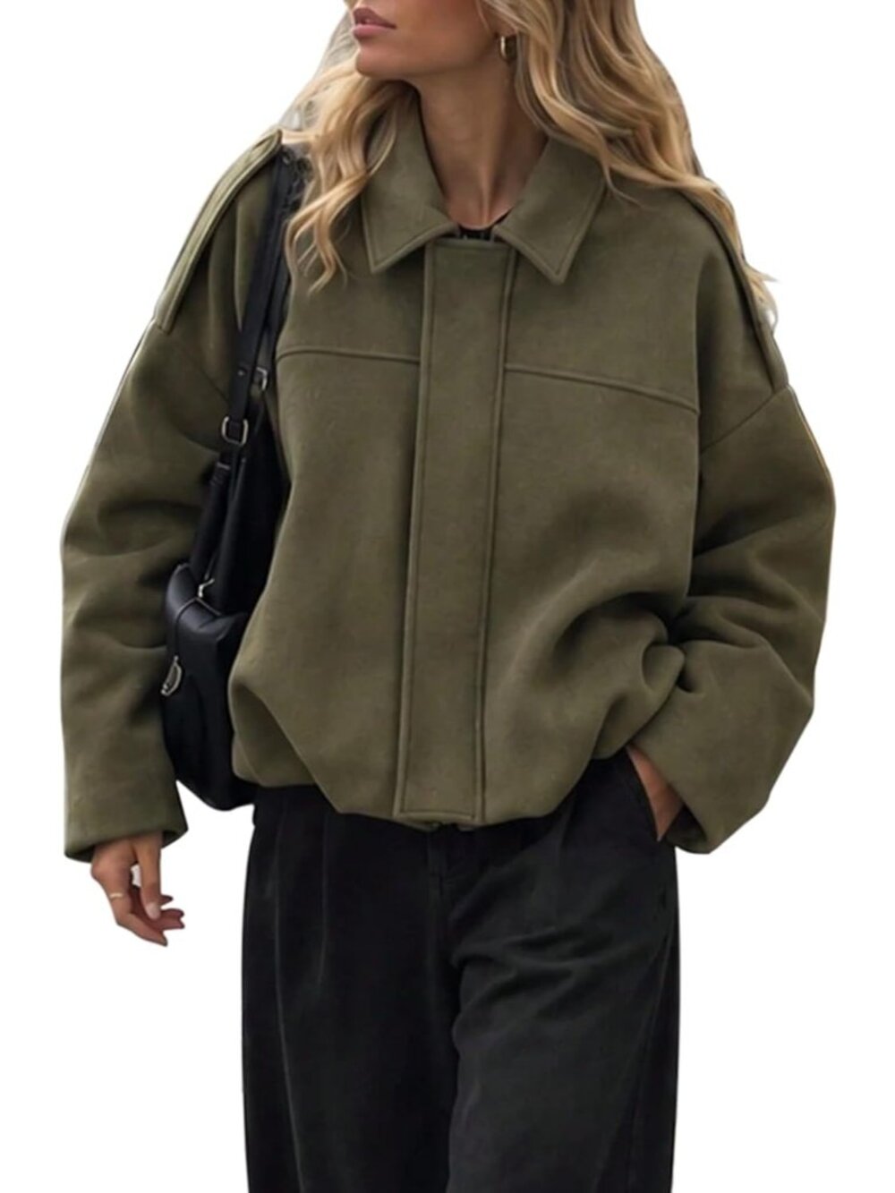Womens Green polyester Lapel Collar Batwing Sleeve Shoulder Straps Bomber Jacket